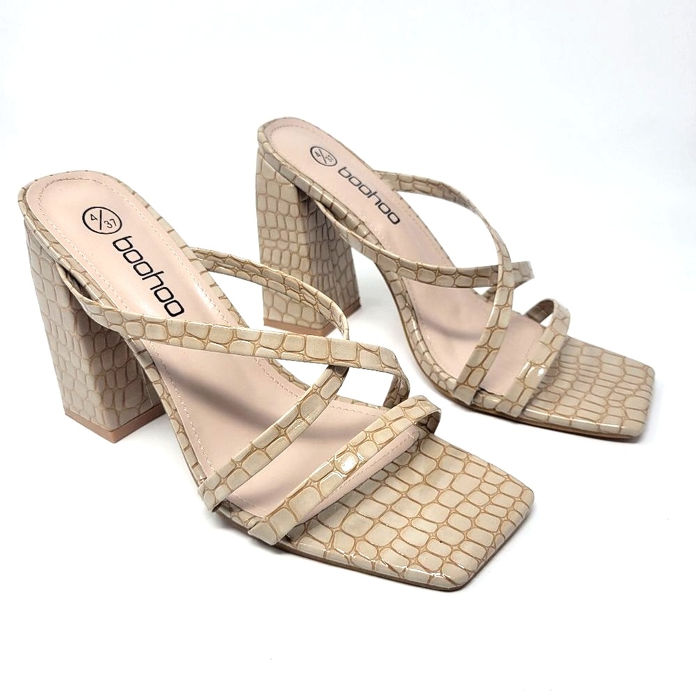 Boohoo Strappy Block Heel Sandals 6.5 Faux Croc Square Toe Minimalist Mule Shoe